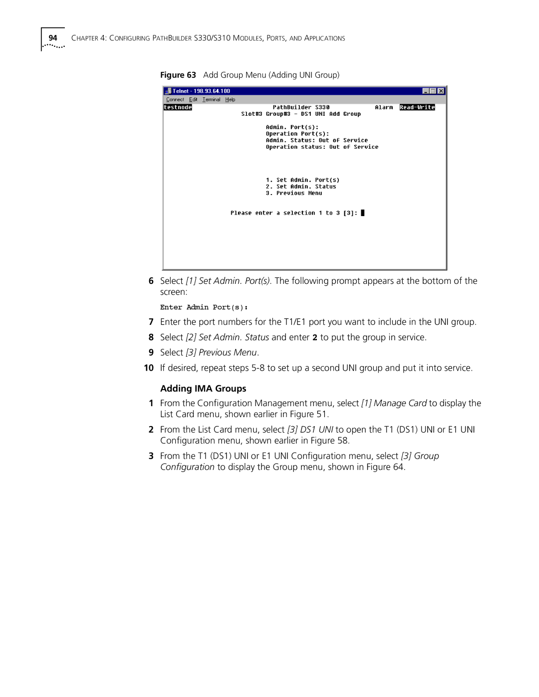 3Com S330 manual Adding IMA Groups, Add Group Menu Adding UNI Group 