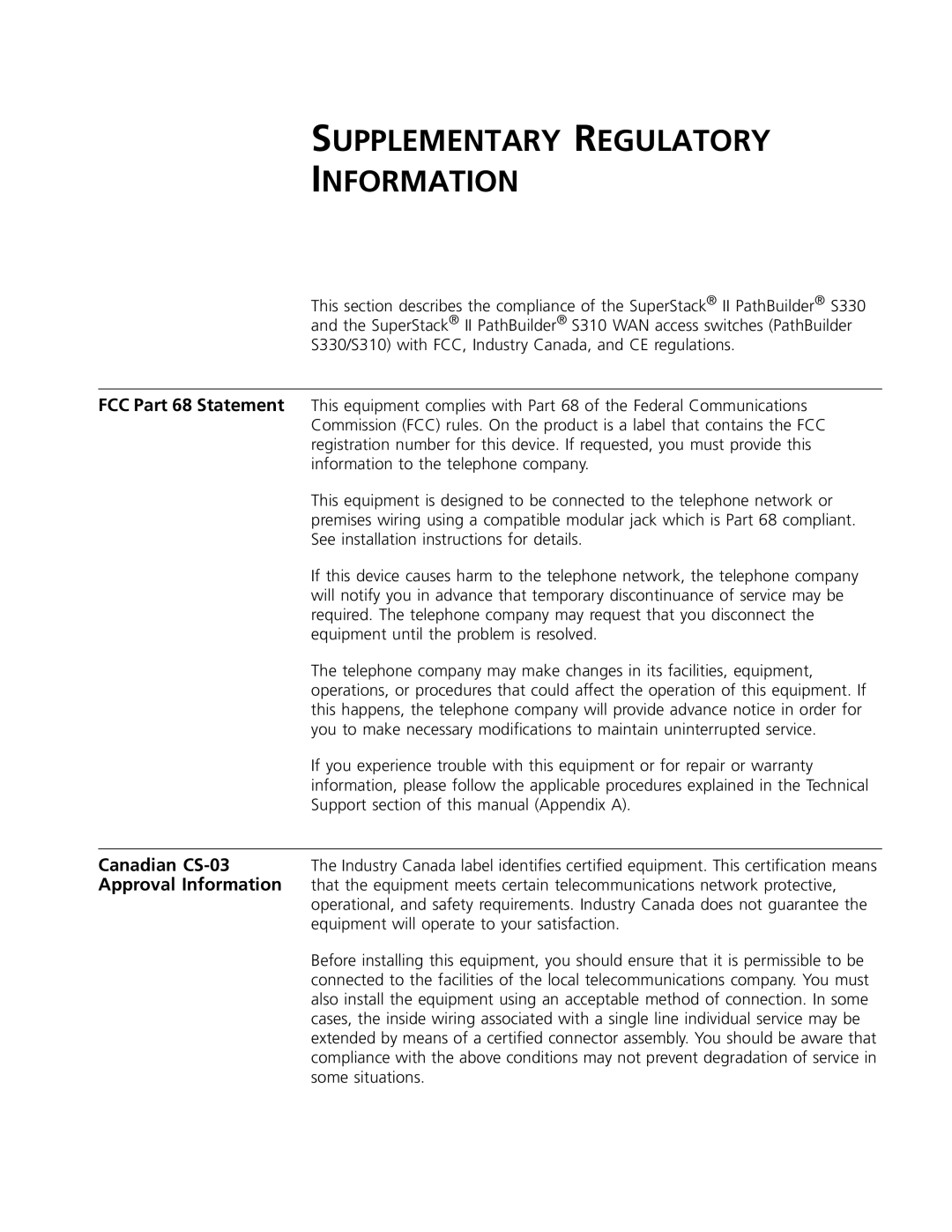 3Com S330 manual FCC Part 68 Statement, Canadian CS-03, Approval Information 