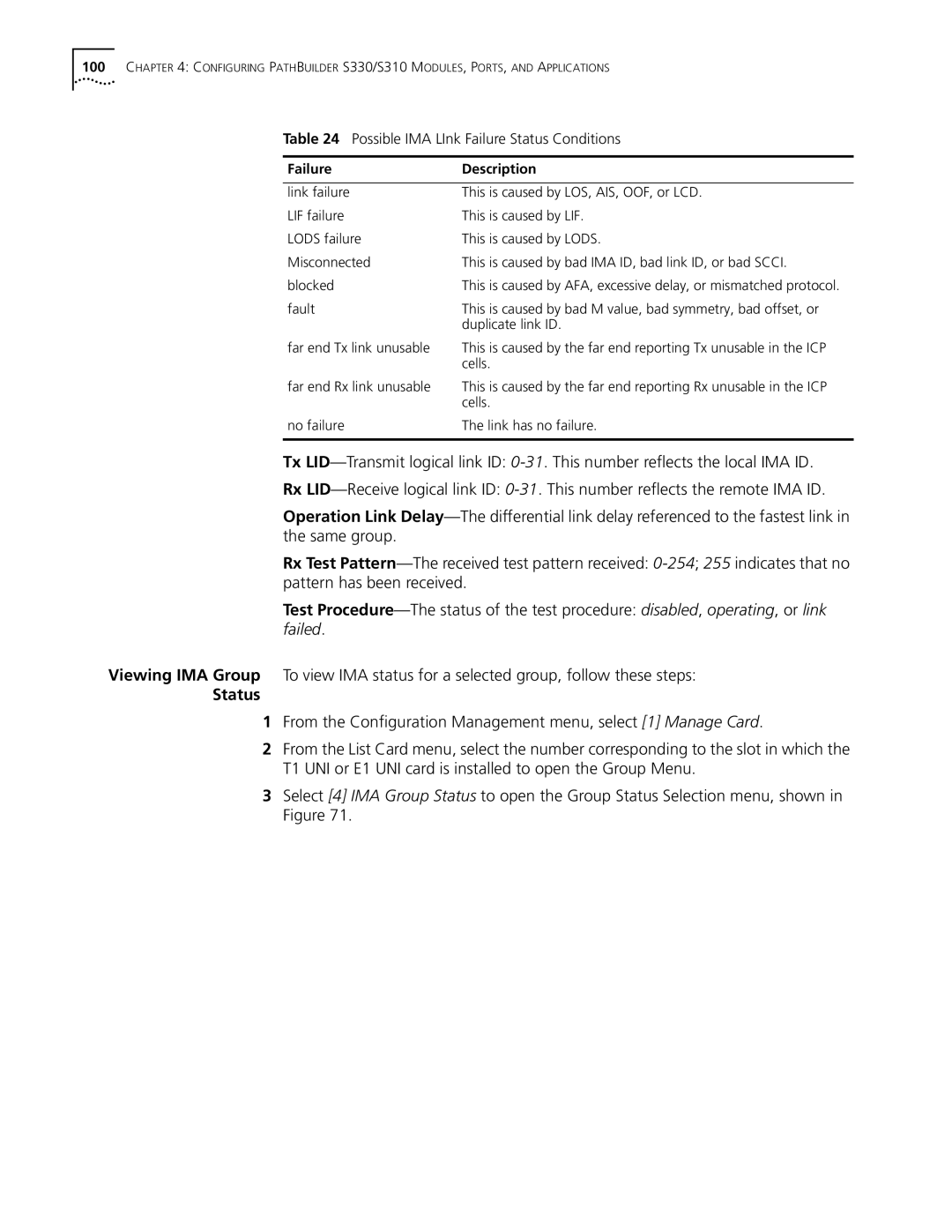 3Com S330 manual Possible IMA LInk Failure Status Conditions, Failure Description 