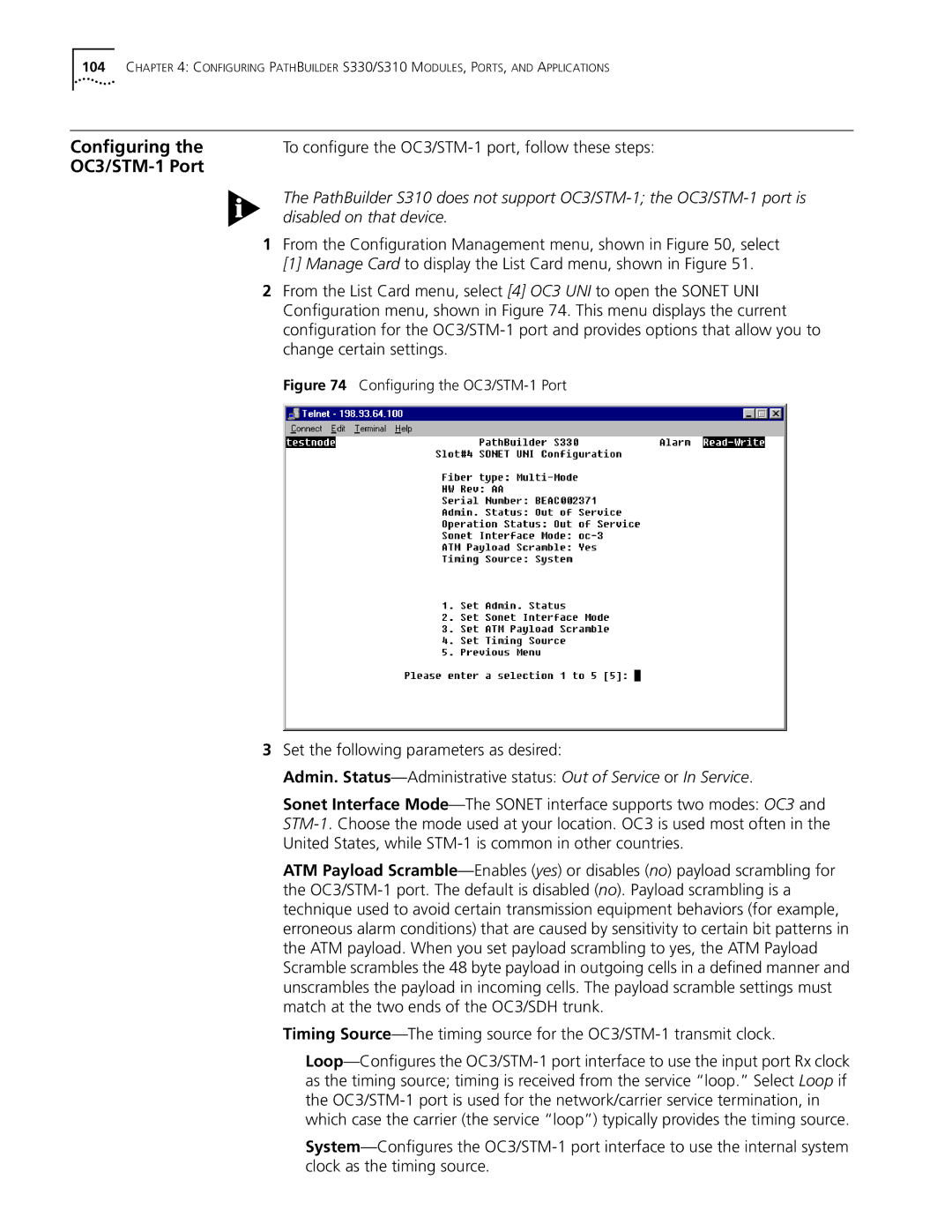 3Com S330 manual OC3/STM-1 Port, To conﬁgure the OC3/STM-1 port, follow these steps, Change certain settings 