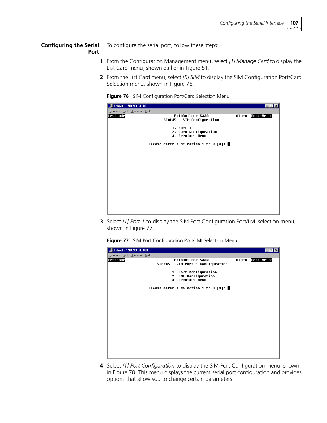 3Com S330 manual SIM Conﬁguration Port/Card Selection Menu 