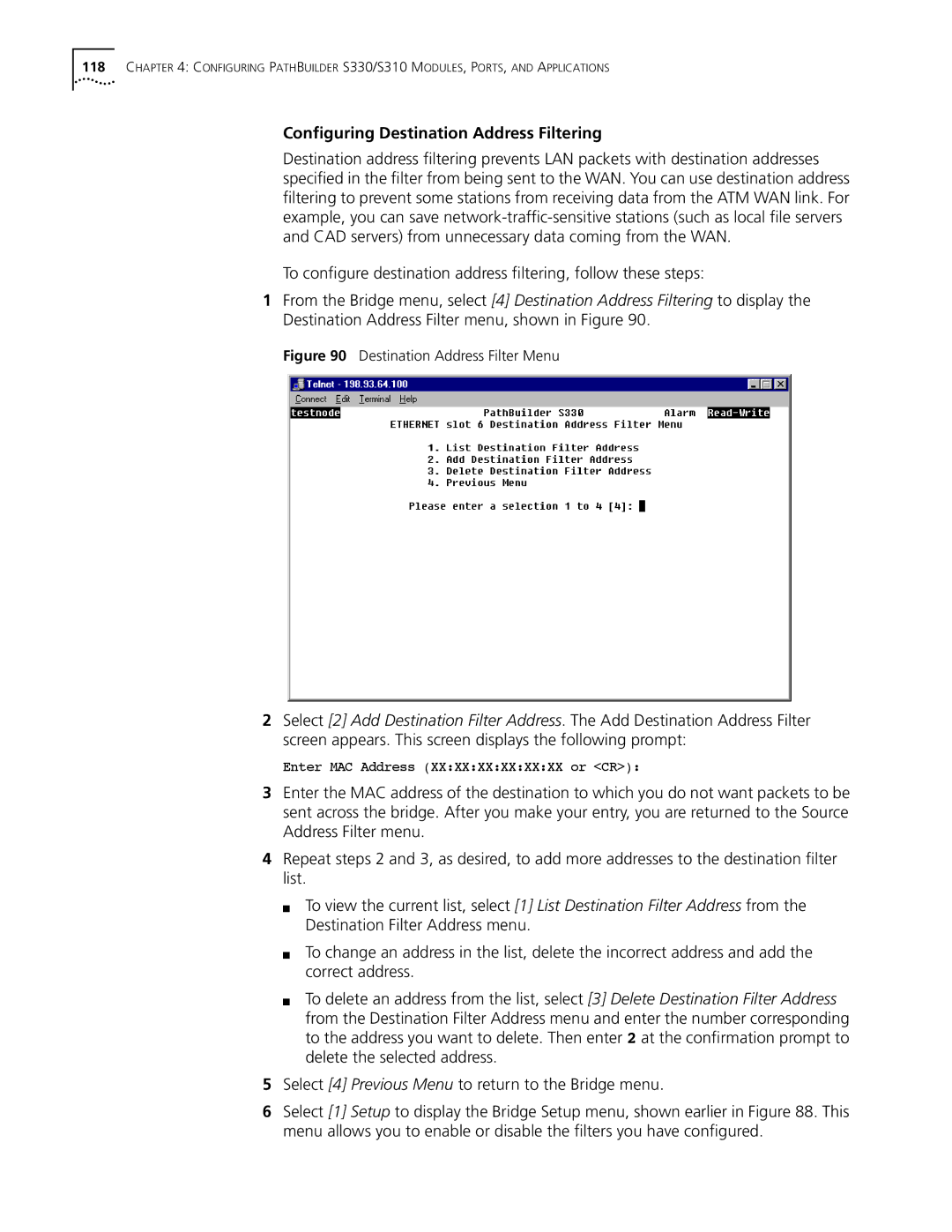 3Com S330 manual Conﬁguring Destination Address Filtering, Destination Address Filter Menu 