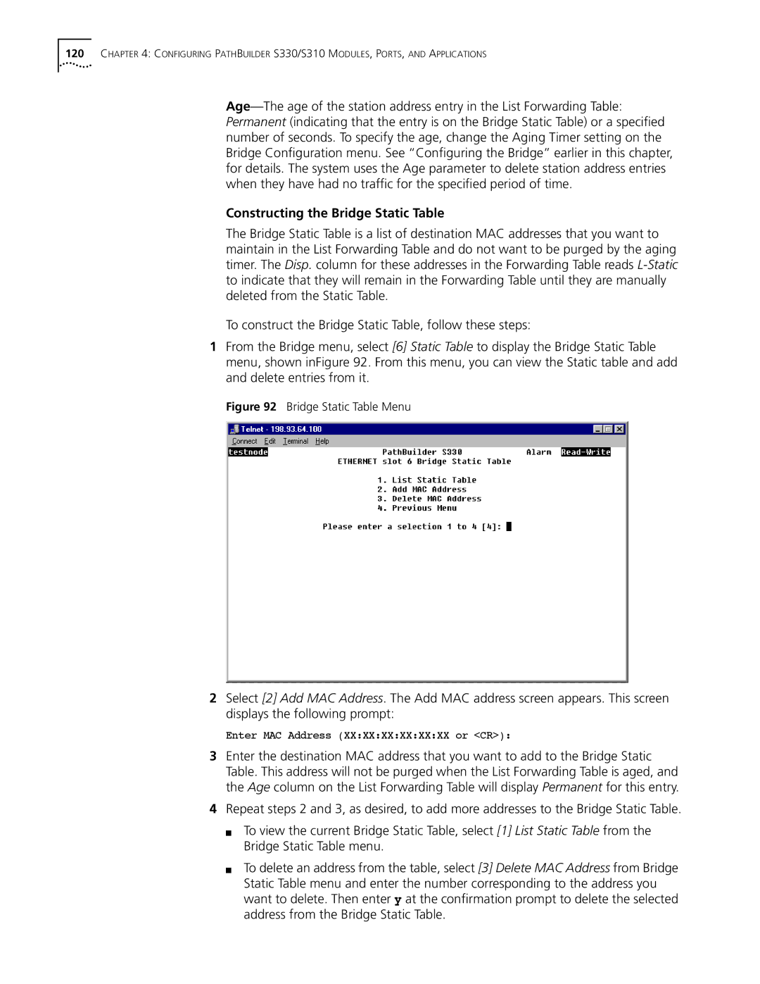 3Com S330 manual Constructing the Bridge Static Table, Bridge Static Table Menu 