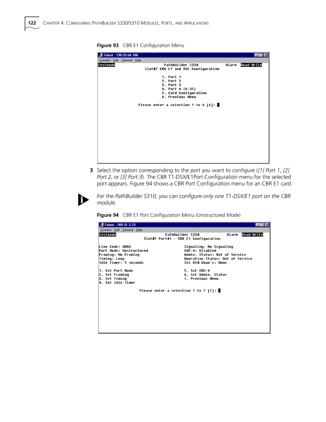 3Com S330 manual CBR E1 Port Conﬁguration Menu Unstructured Mode 