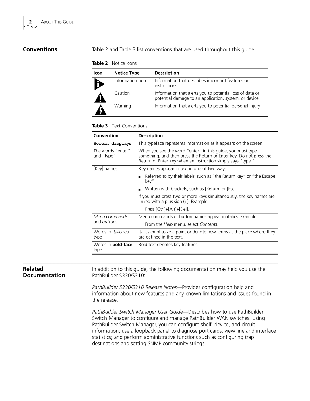 3Com Conventions, Related, Documentation, List conventions that are used throughout this guide, PathBuilder S330/S310 