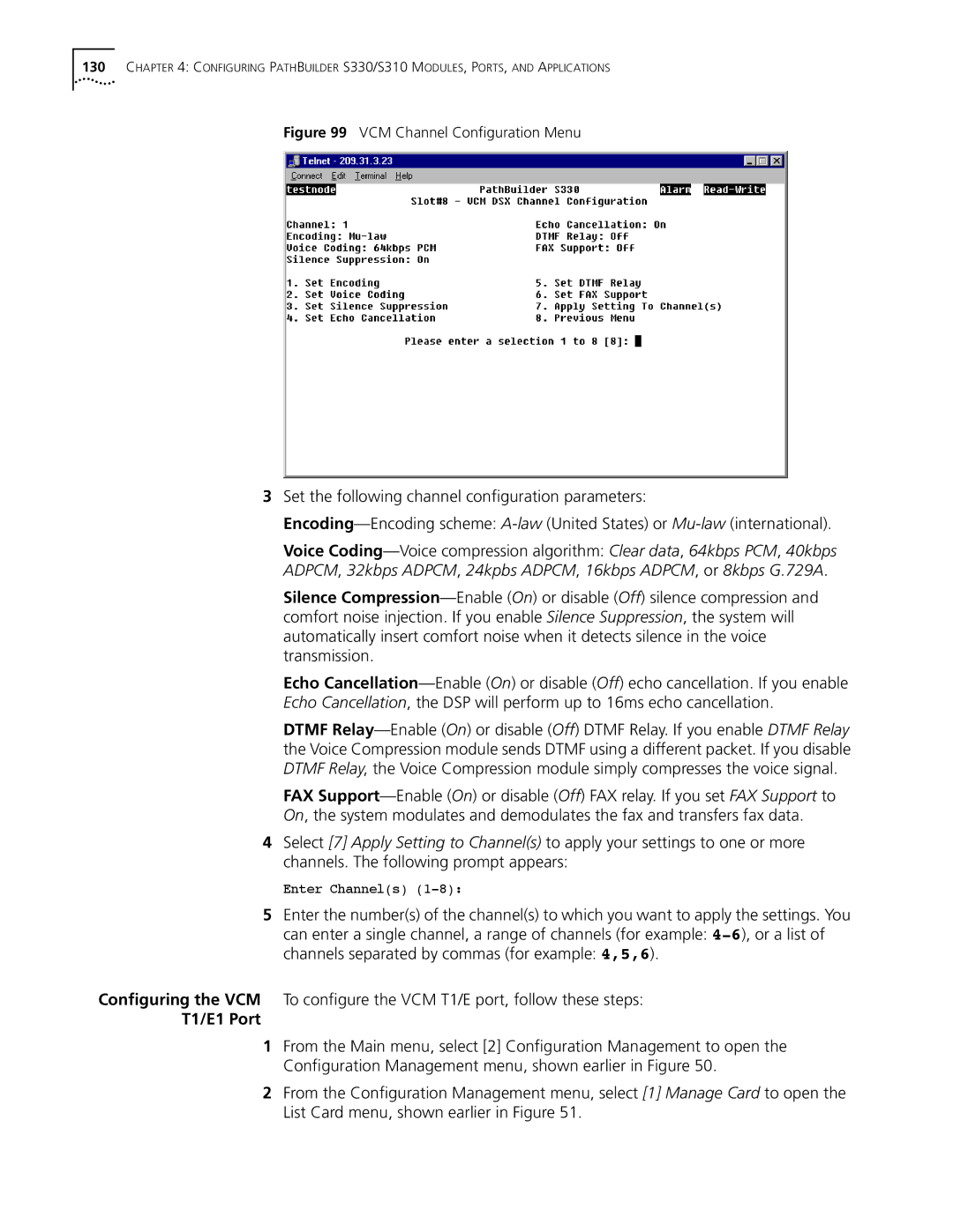 3Com S330 manual T1/E1 Port, VCM Channel Conﬁguration Menu 