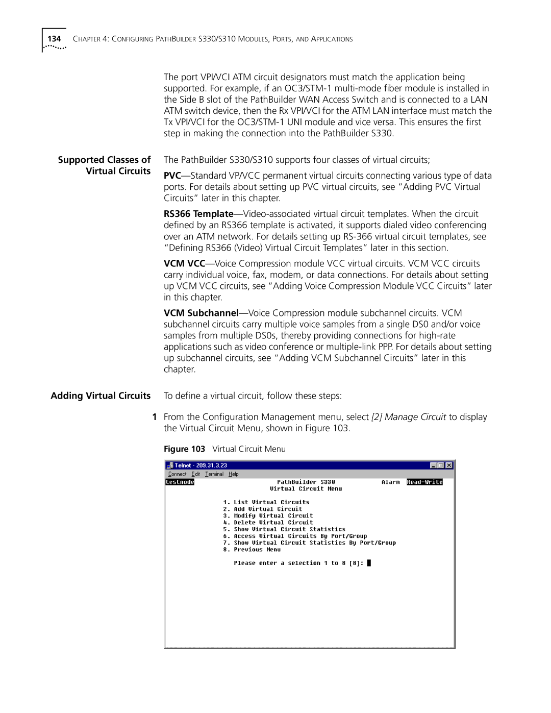 3Com S330 manual Virtual Circuit Menu 