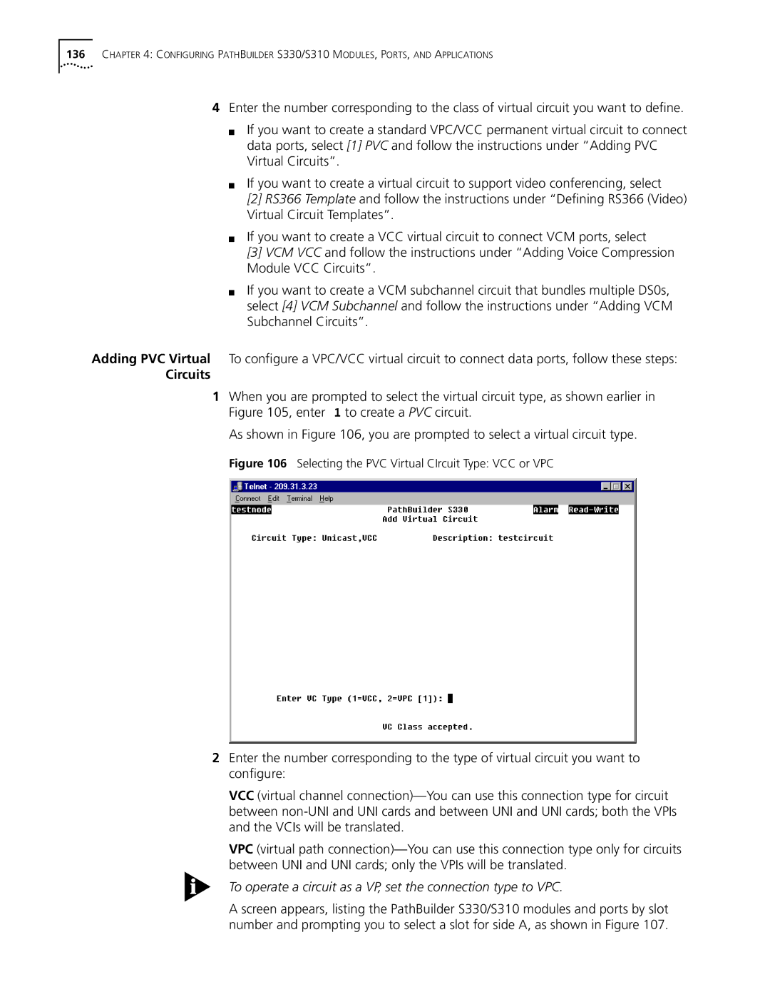 3Com S330 manual Circuits, Selecting the PVC Virtual CIrcuit Type VCC or VPC 