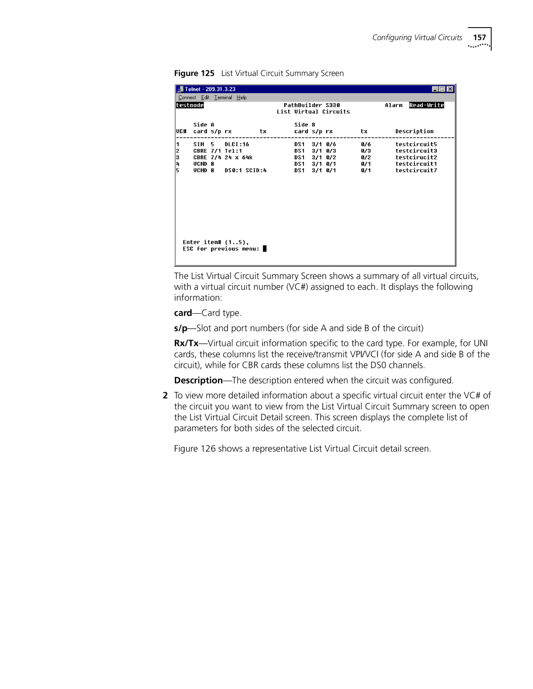 3Com S330 manual Shows a representative List Virtual Circuit detail screen 