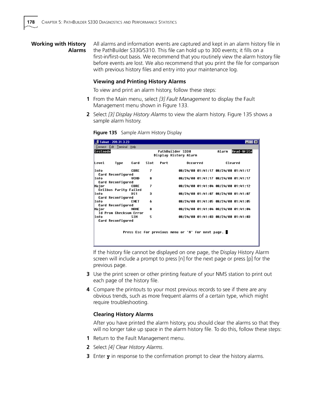 3Com S330 manual Viewing and Printing History Alarms, Clearing History Alarms, Return to the Fault Management menu 