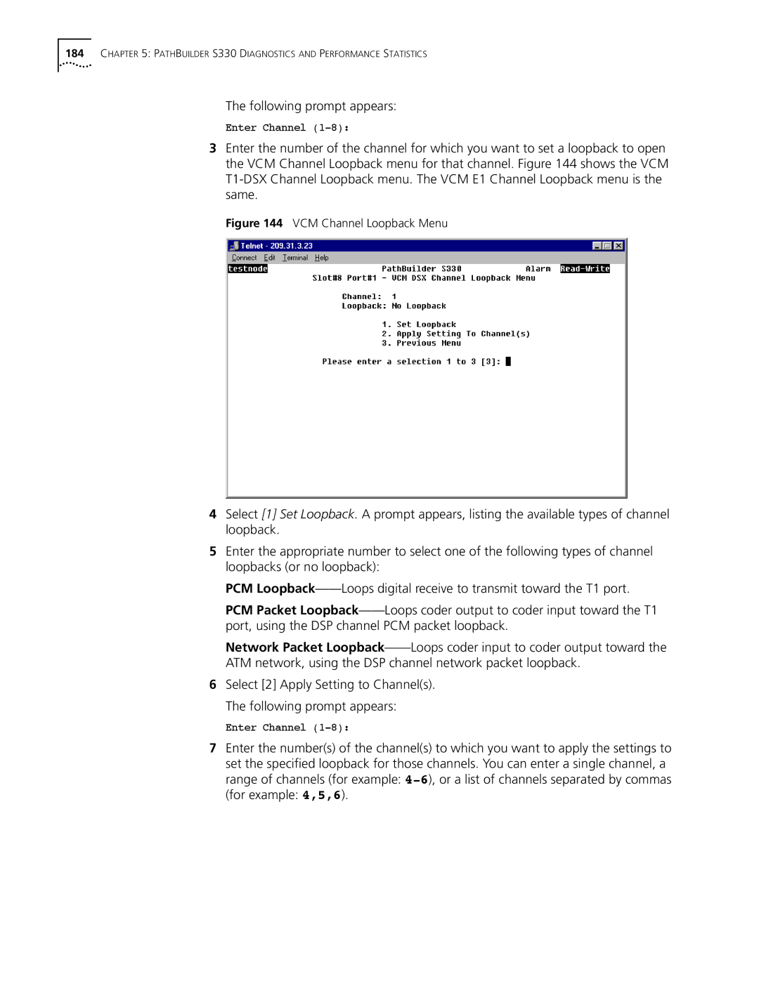 3Com S330 manual VCM Channel Loopback Menu 