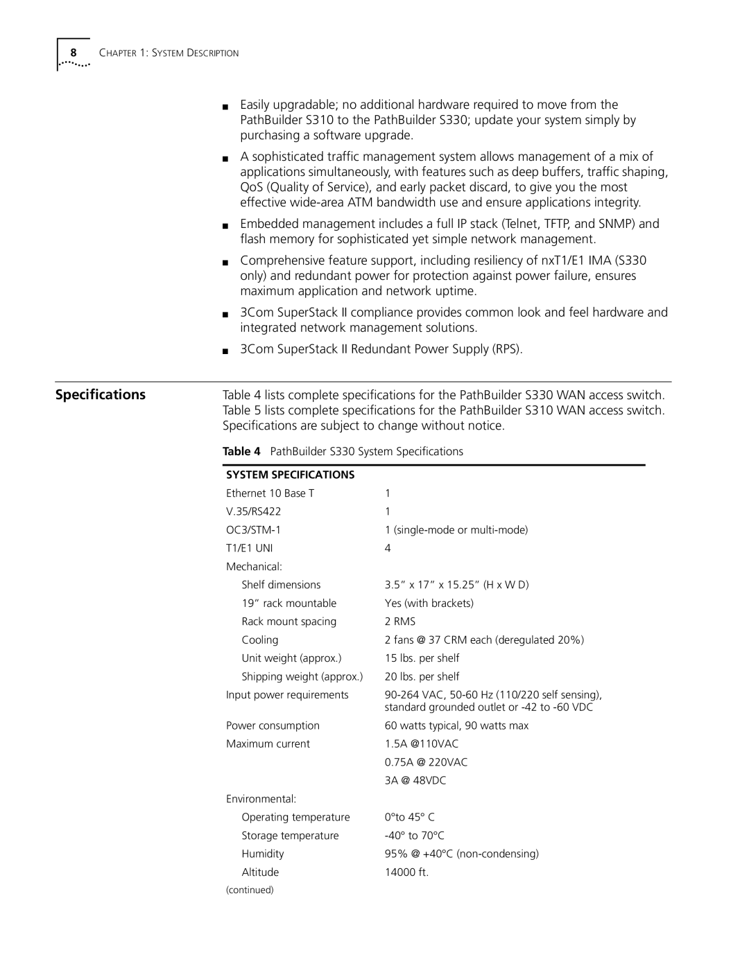 3Com manual Speciﬁcations are subject to change without notice, PathBuilder S330 System Speciﬁcations 