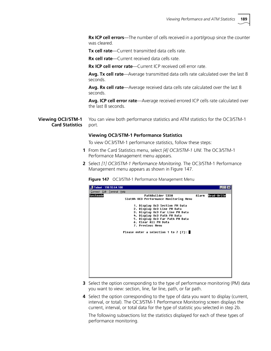 3Com S330 manual Card Statistics, Viewing OC3/STM-1 Performance Statistics 