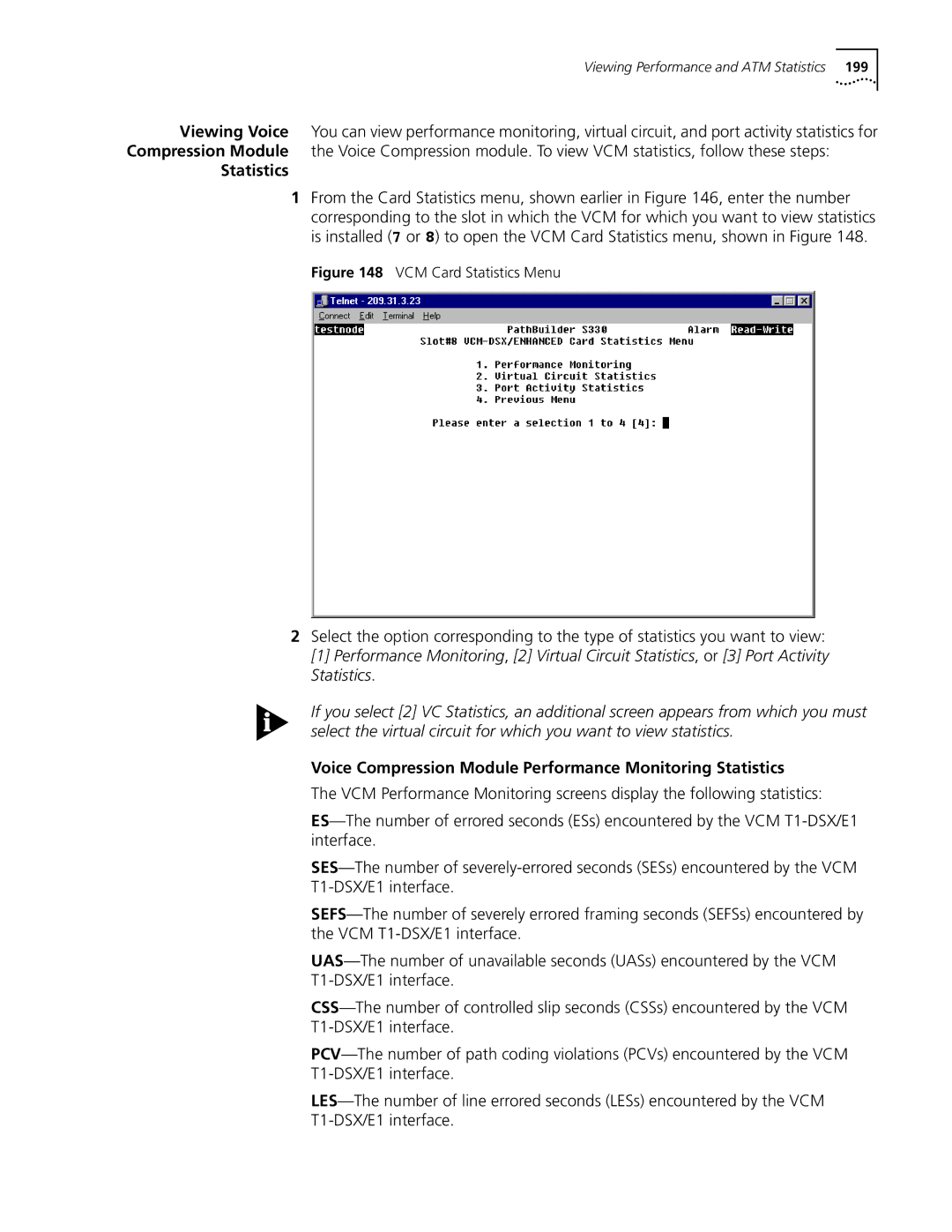 3Com S330 manual Voice Compression Module Performance Monitoring Statistics, VCM Card Statistics Menu 