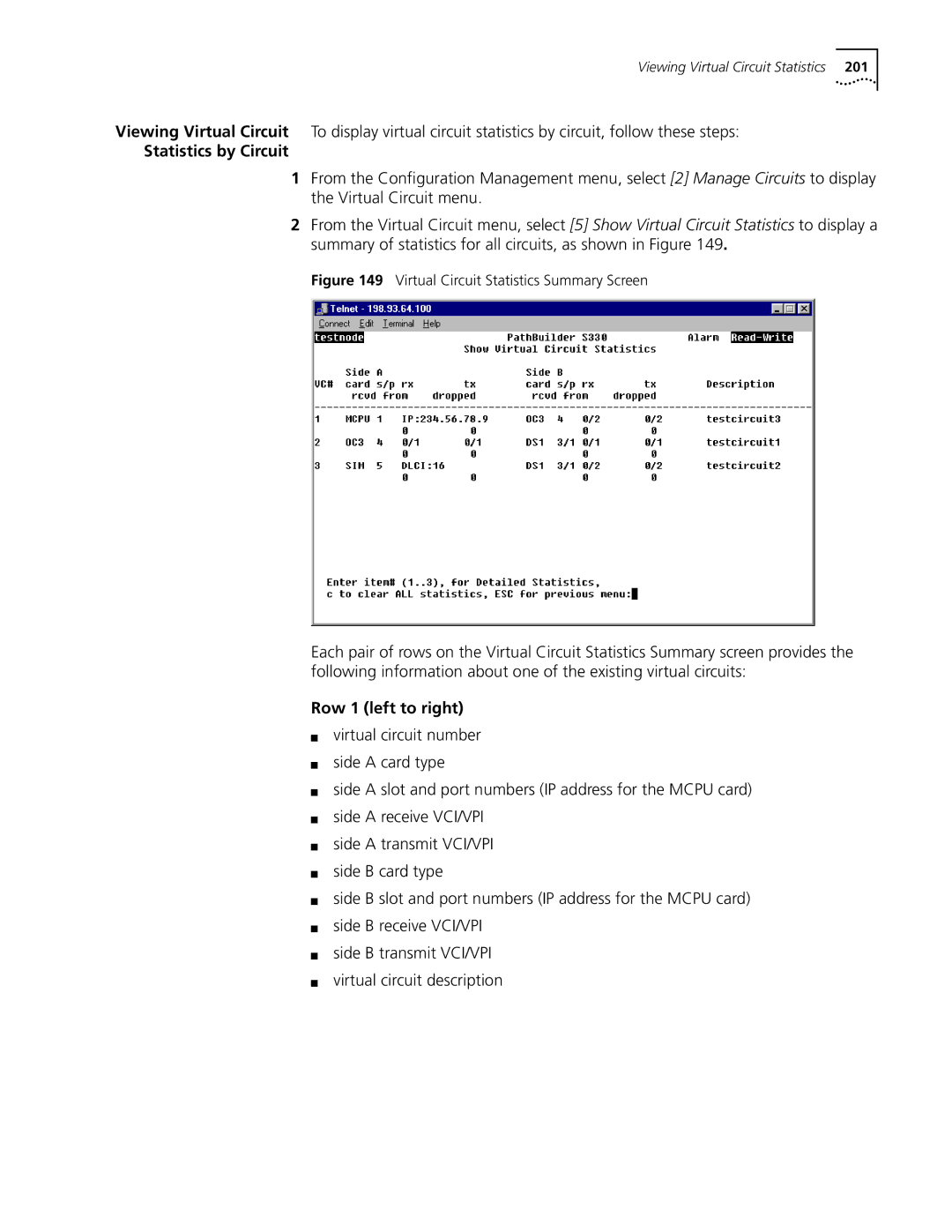 3Com S330 manual Statistics by Circuit, Row 1 left to right 