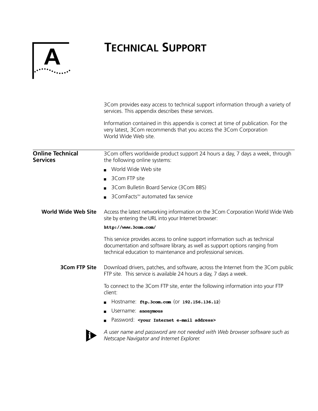 3Com S330 manual Online Technical, Services, World Wide Web Site, 3Com FTP Site 