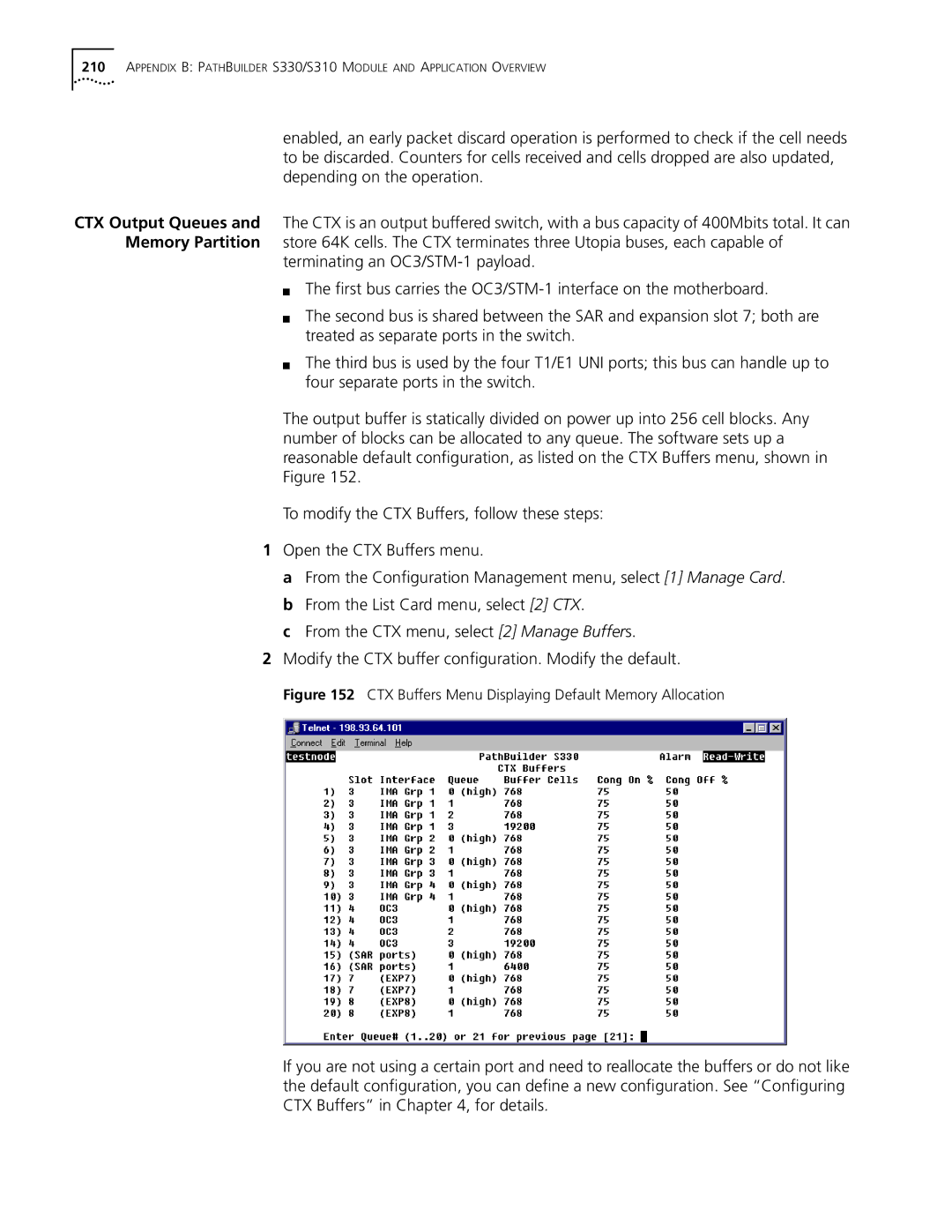 3Com S330 manual CTX Buffers Menu Displaying Default Memory Allocation 