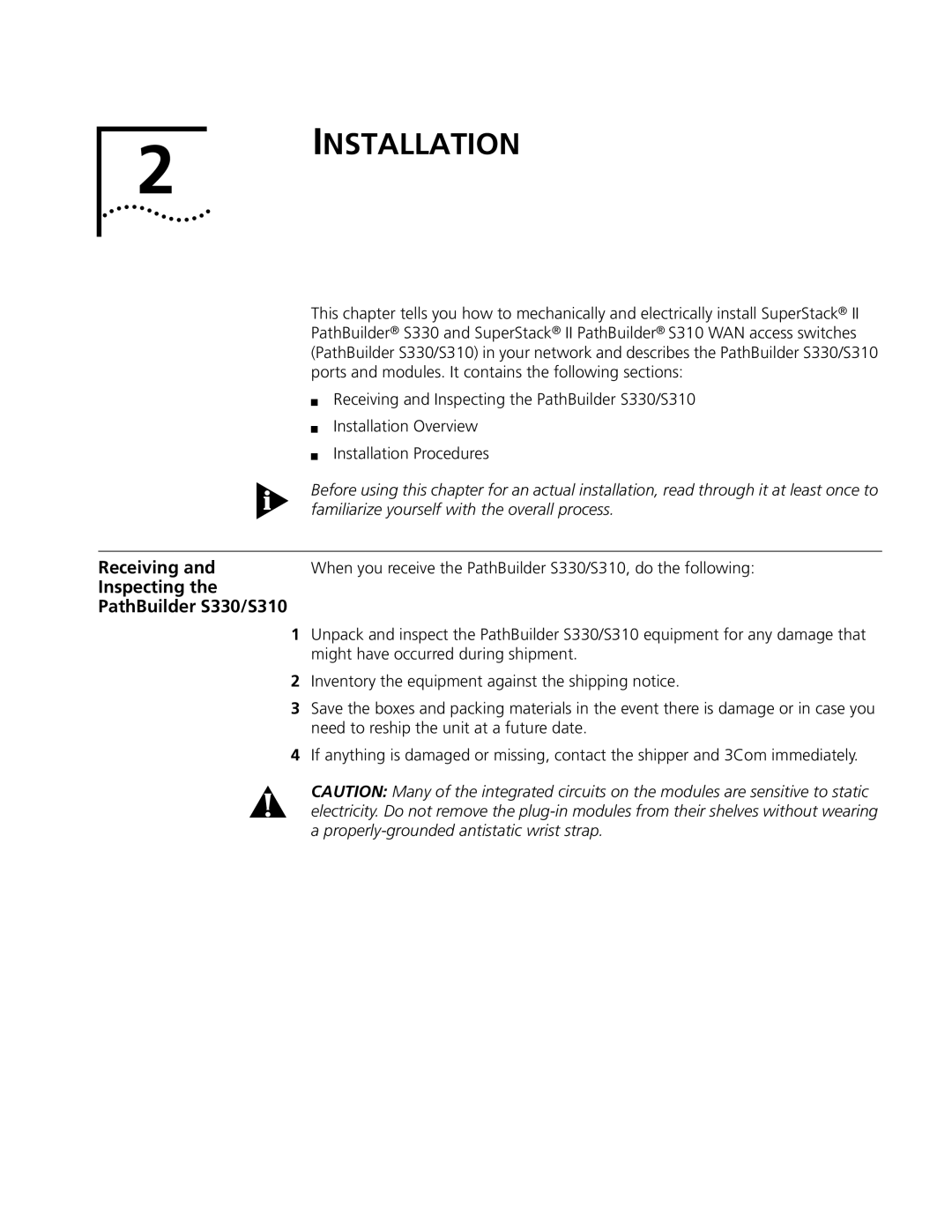 3Com manual Receiving, Inspecting PathBuilder S330/S310 