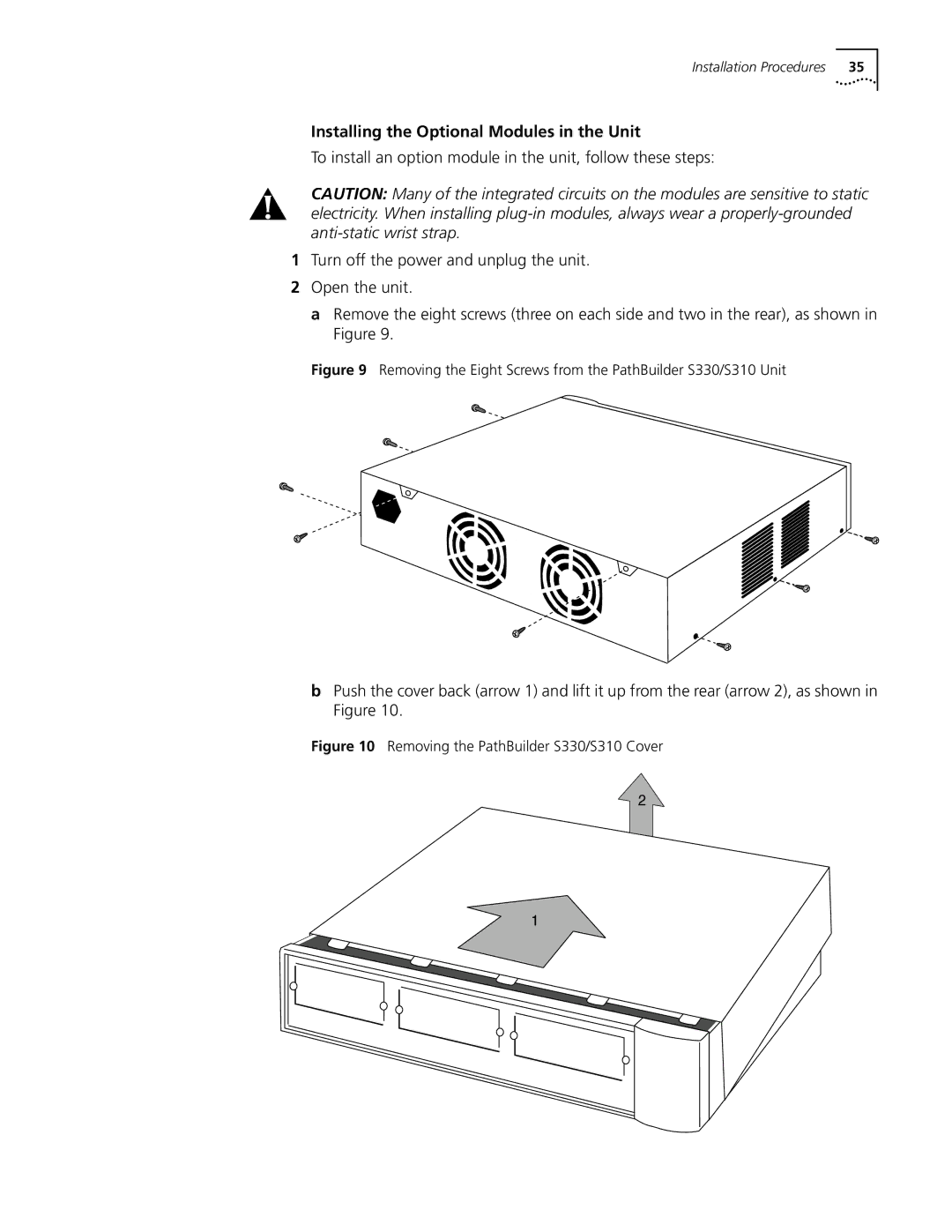 3Com manual Installing the Optional Modules in the Unit, Removing the PathBuilder S330/S310 Cover 