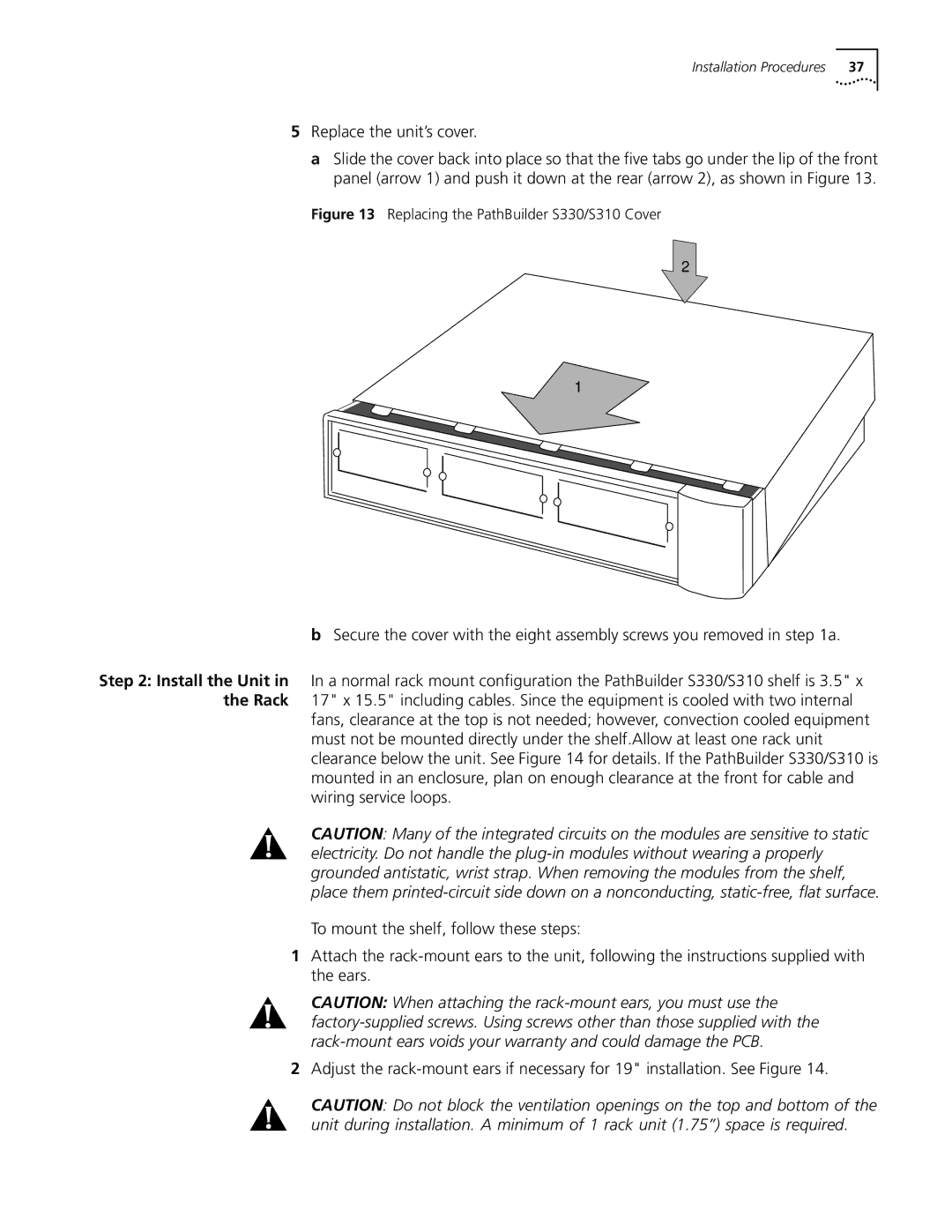 3Com manual Replace the unit’s cover, Replacing the PathBuilder S330/S310 Cover 