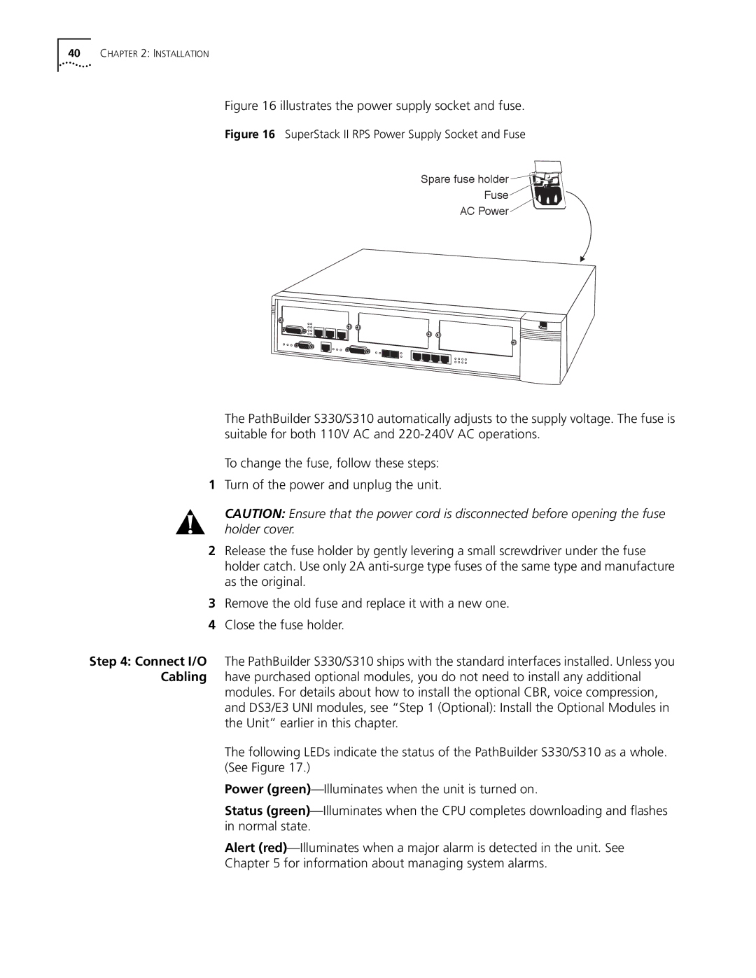 3Com S330 manual Illustrates the power supply socket and fuse 