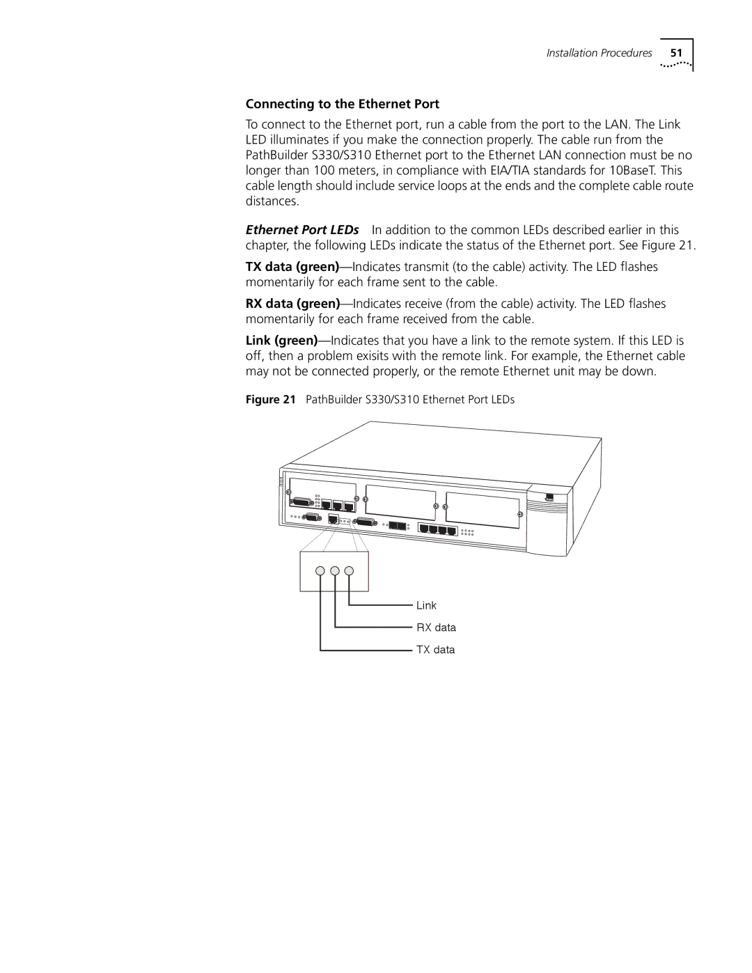 3Com manual Connecting to the Ethernet Port, PathBuilder S330/S310 Ethernet Port LEDs 