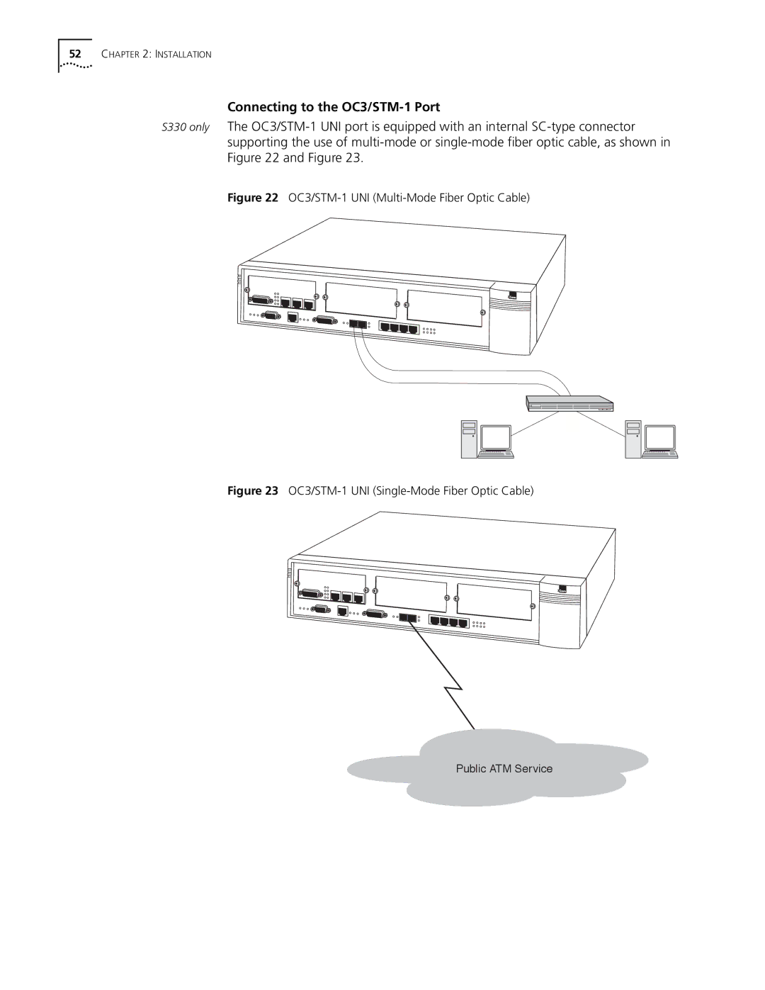 3Com S330 manual Connecting to the OC3/STM-1 Port, OC3/STM-1 UNI Multi-Mode Fiber Optic Cable 