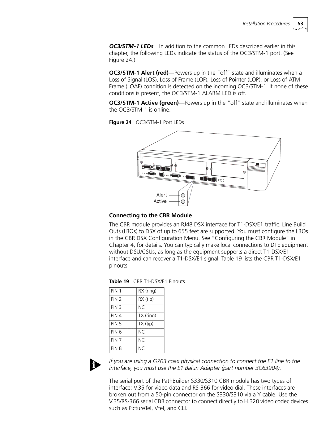 3Com S330 manual Connecting to the CBR Module, CBR T1-DSX/E1 Pinouts 