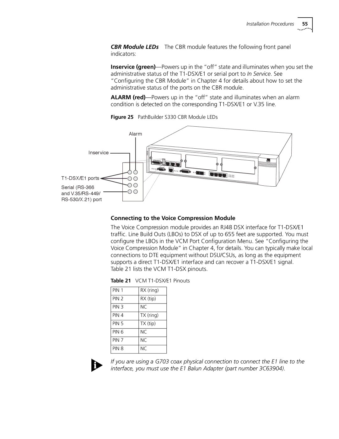 3Com S330 manual Connecting to the Voice Compression Module, Lists the VCM T1-DSX pinouts, VCM T1-DSX/E1 Pinouts 