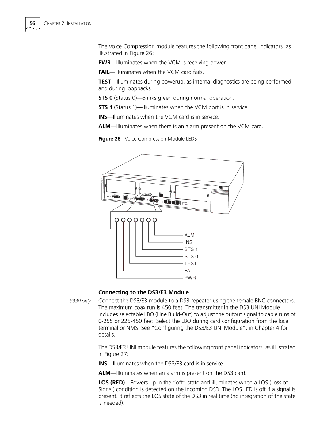 3Com S330 manual Connecting to the DS3/E3 Module, Voice Compression Module Leds 