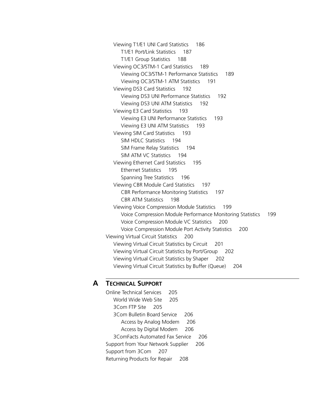 3Com S330 Viewing T1/E1 UNI Card Statistics 186, 187 T1/E1 Group Statistics 188, 189, Viewing OC3/STM-1 ATM Statistics 