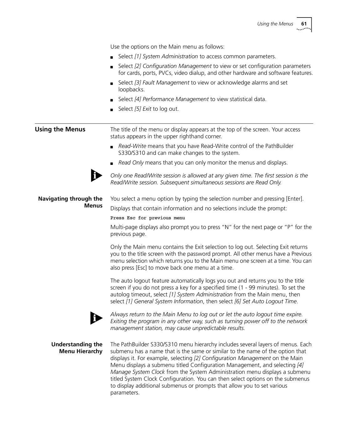 3Com S330 manual Using the Menus 