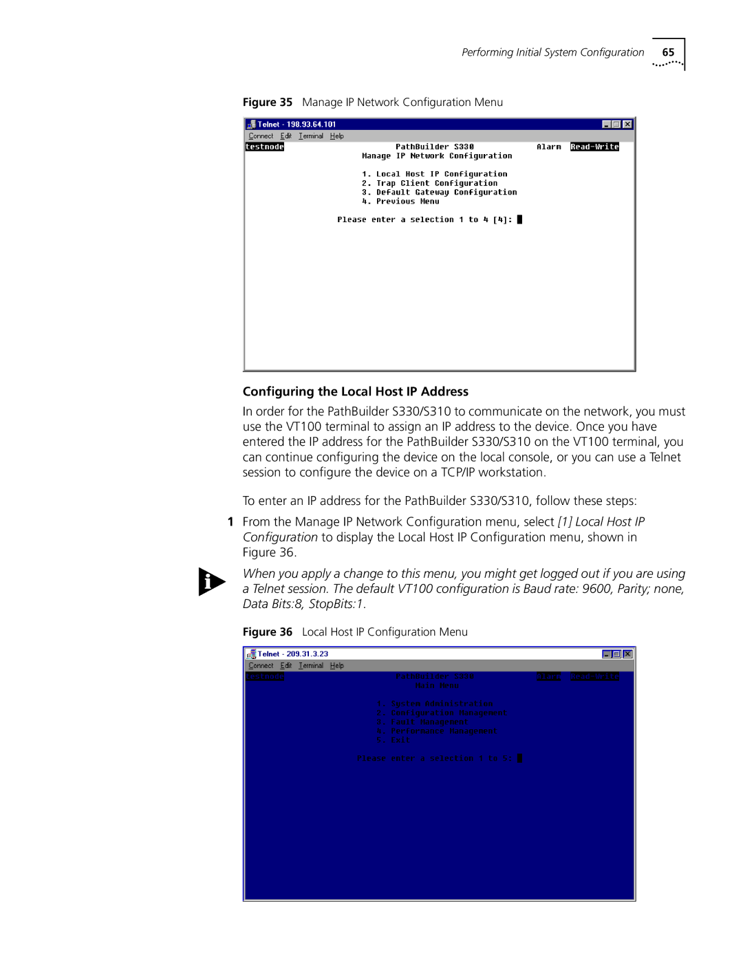 3Com S330 manual Conﬁguring the Local Host IP Address, Manage IP Network Conﬁguration Menu 