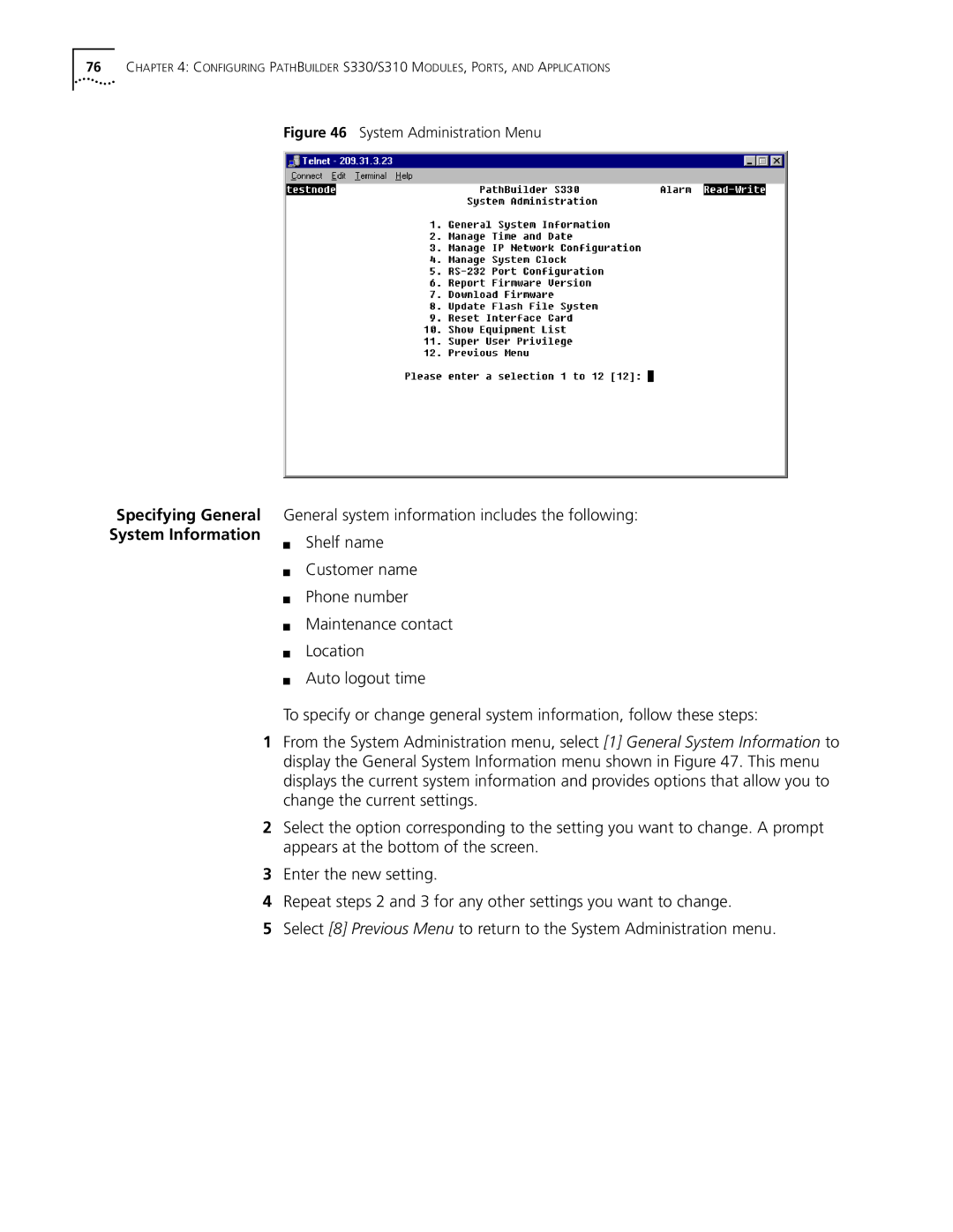 3Com S330 manual Specifying General System Information 