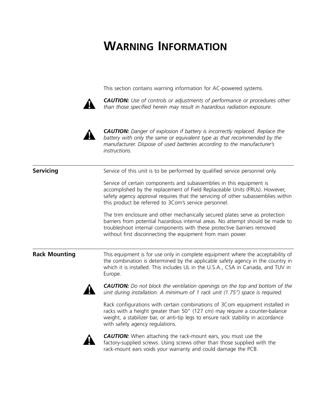 3Com S330 manual Servicing, Rack Mounting 