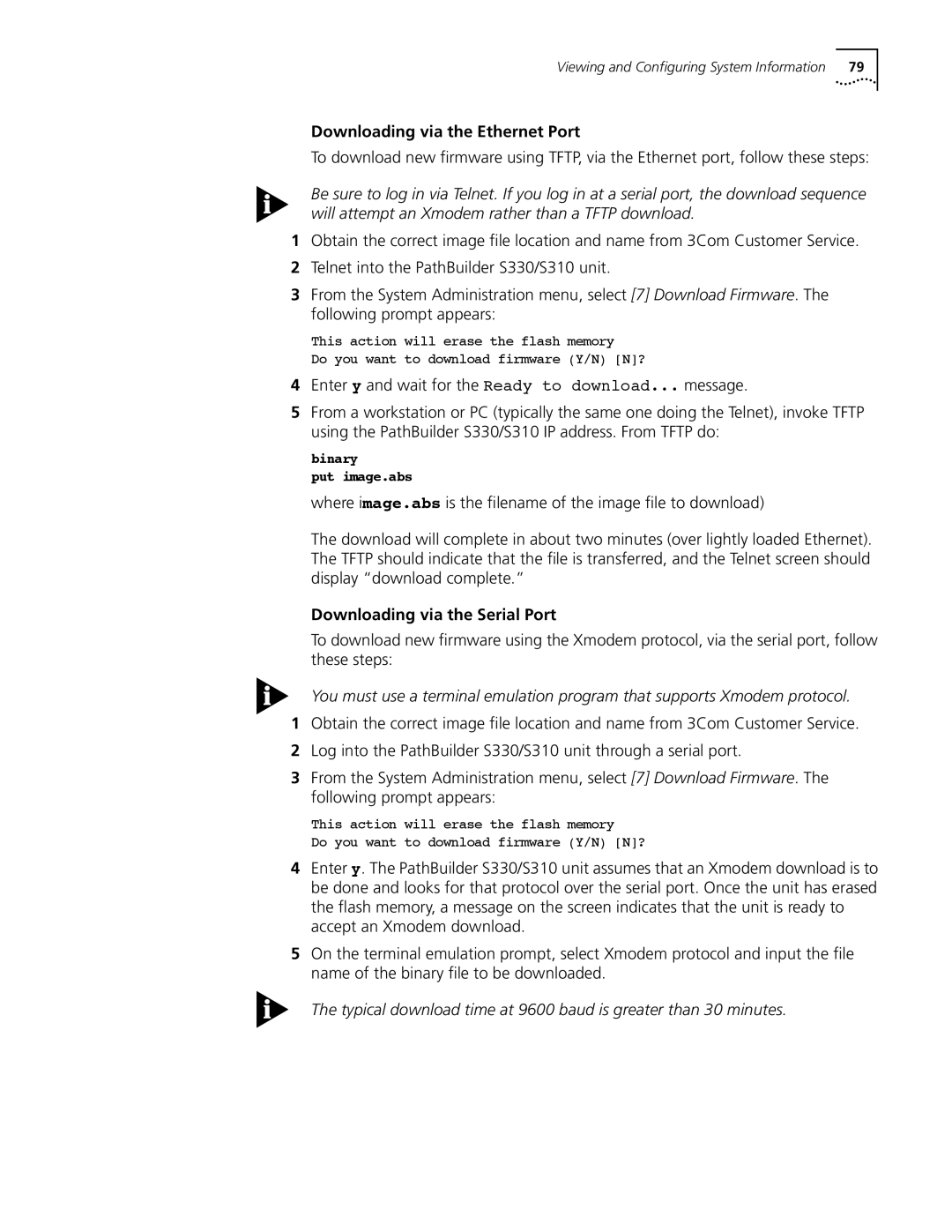 3Com S330 manual Downloading via the Ethernet Port, Downloading via the Serial Port 