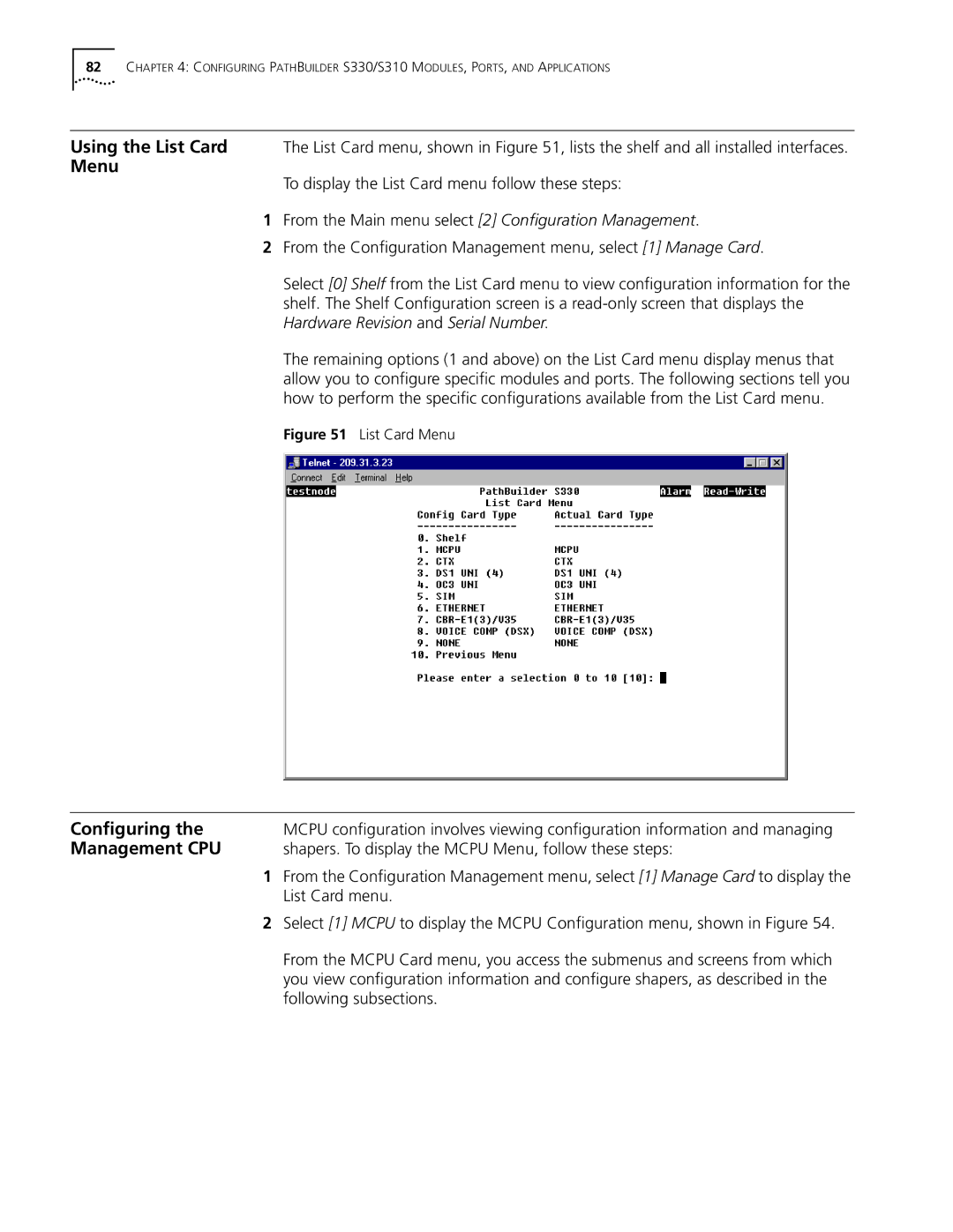 3Com S330 manual Conﬁguring, Management CPU, Shapers. To display the Mcpu Menu, follow these steps 