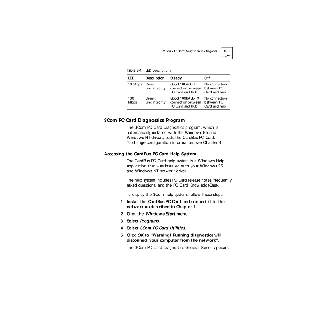 3Com Series 760 3Com PC Card Diagnostics Program, Accessing the CardBus PC Card Help System, Select 3Com PC Card Utilities 