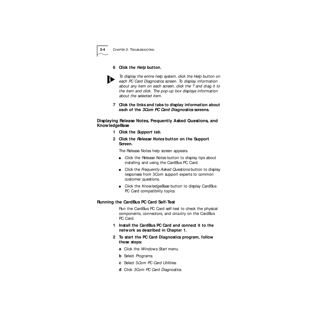 3Com Series 760 manual Running the CardBus PC Card Self-Test, Click the Help button 