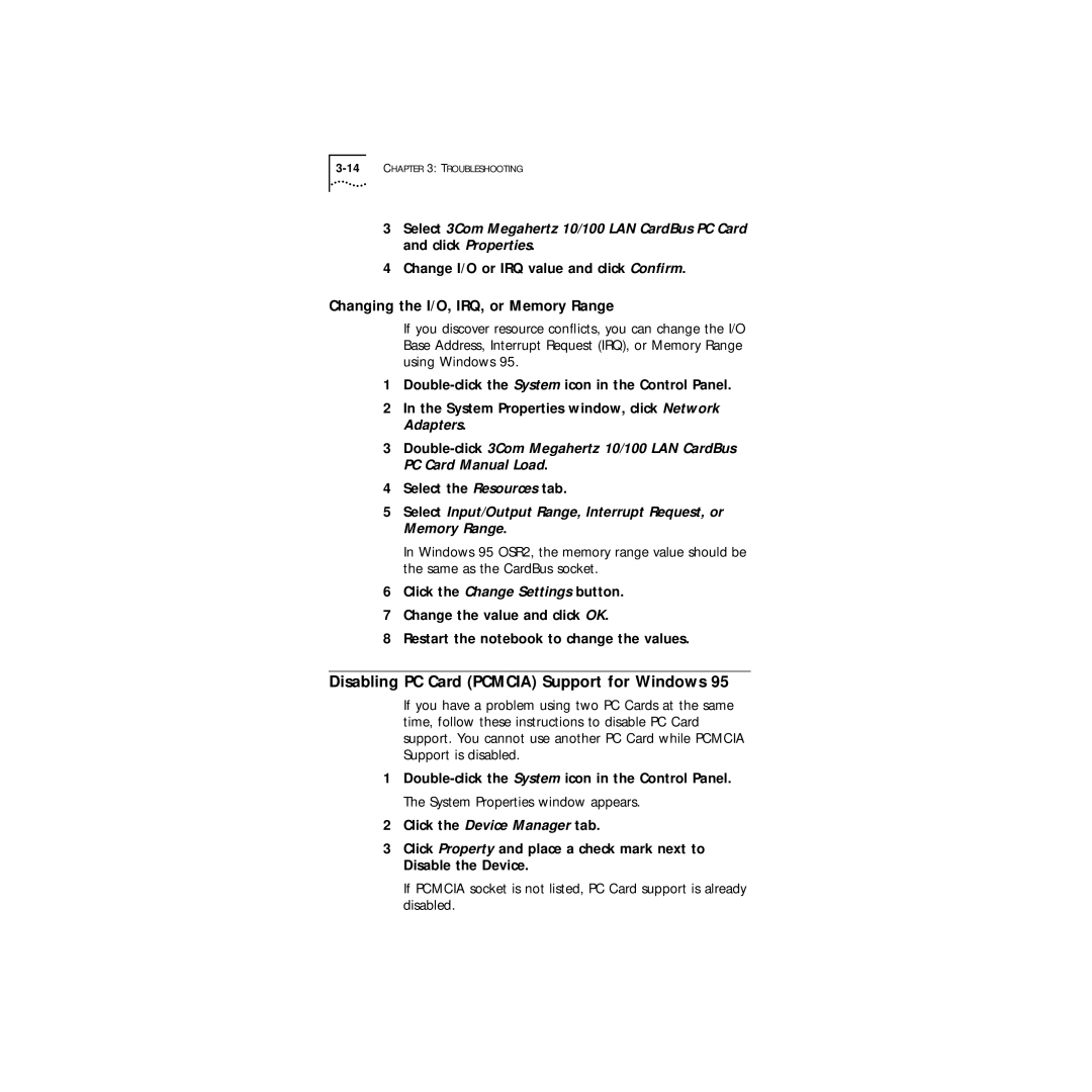 3Com Series 760 manual Disabling PC Card Pcmcia Support for Windows, Changing the I/O, IRQ, or Memory Range 