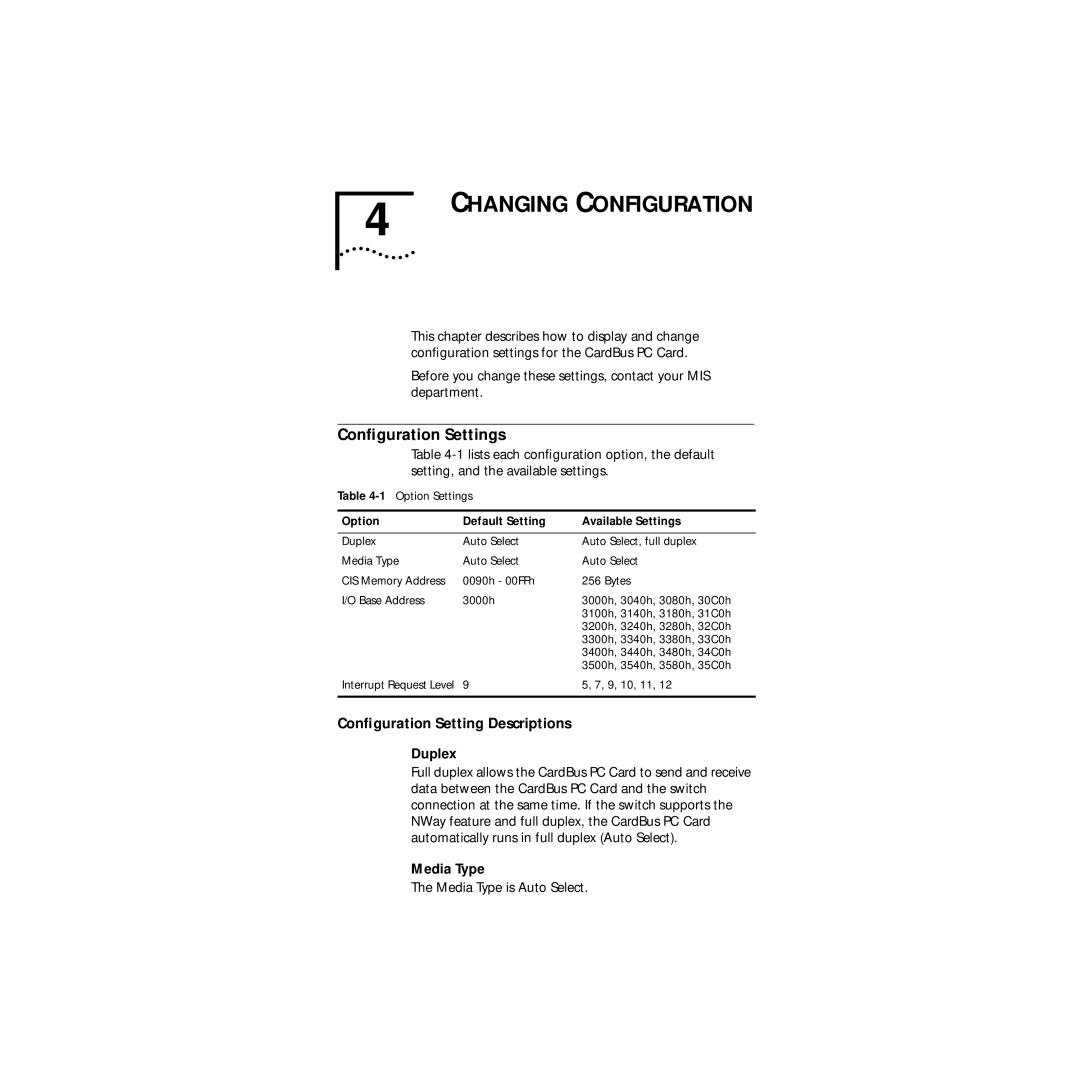 3Com Series 760 manual Conﬁguration Settings, Conﬁguration Setting Descriptions, Duplex, Media Type 