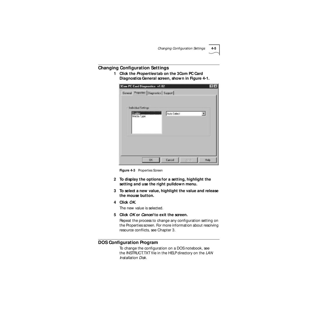 3Com Series 760 manual Changing Conﬁguration Settings, DOS Conﬁguration Program, Click OK or Cancel to exit the screen 