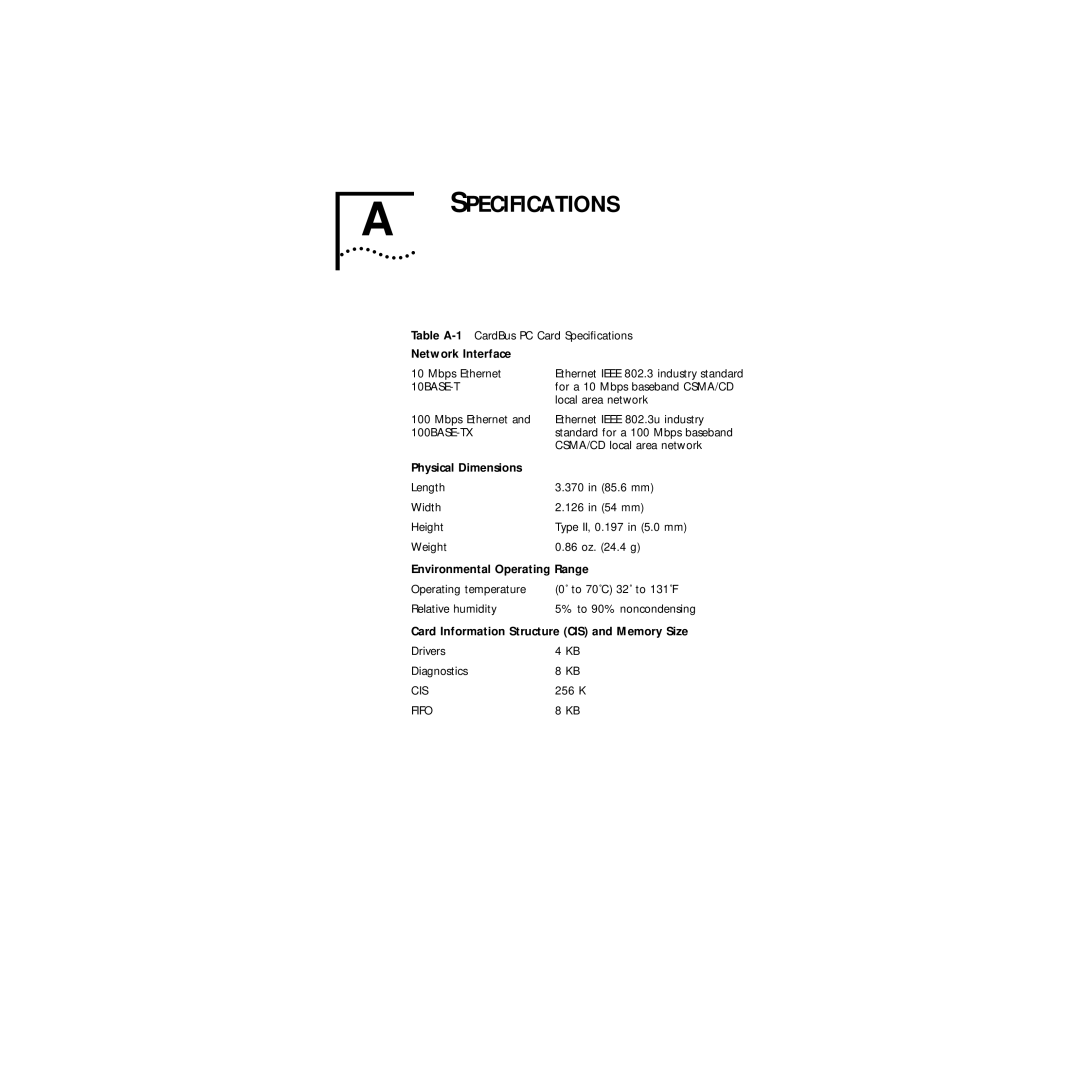 3Com Series 760 manual Network Interface, Physical Dimensions, Environmental Operating Range 