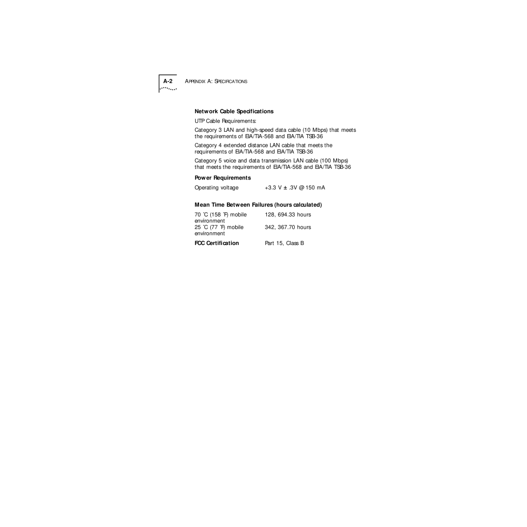 3Com Series 760 manual Network Cable Specifications, Power Requirements, Mean Time Between Failures hours calculated 