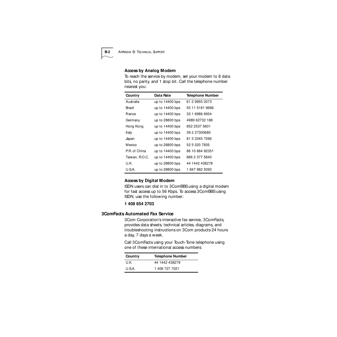 3Com Series 760 manual 3ComFacts Automated Fax Service, Access by Analog Modem, Access by Digital Modem, 408 654 