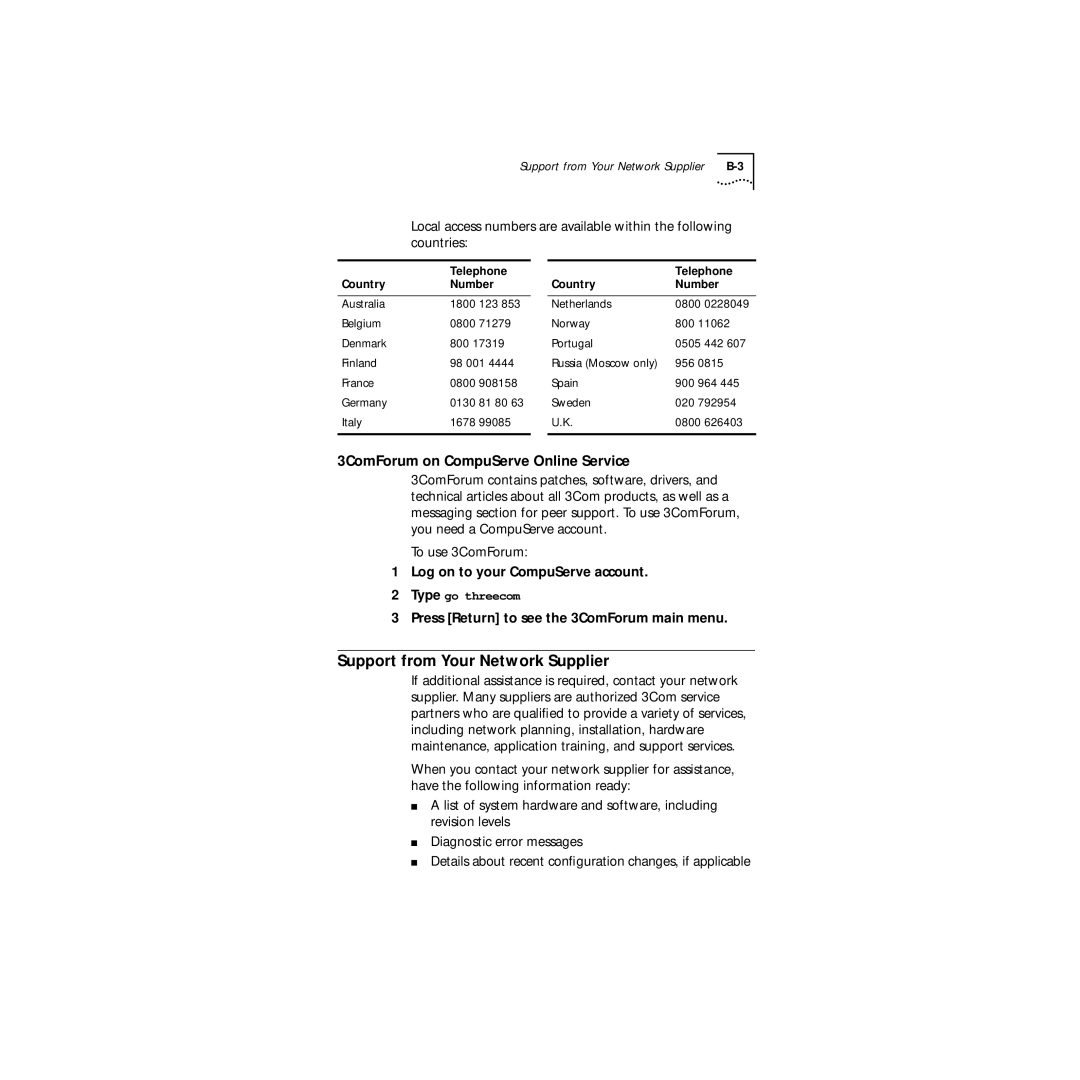 3Com Series 760 manual Support from Your Network Supplier, 3ComForum on CompuServe Online Service 