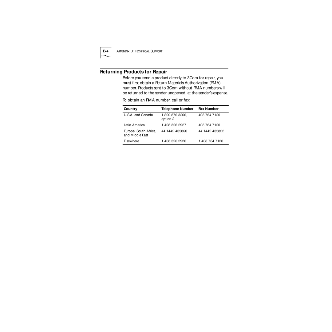 3Com Series 760 manual Returning Products for Repair, Country Telephone Number Fax Number 