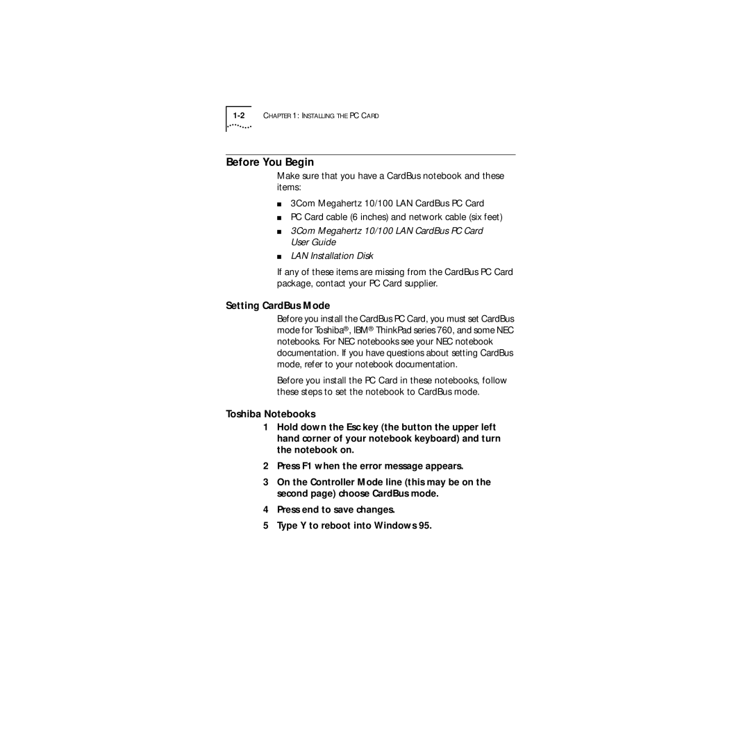 3Com Series 760 manual Before You Begin, Setting CardBus Mode, Toshiba Notebooks 