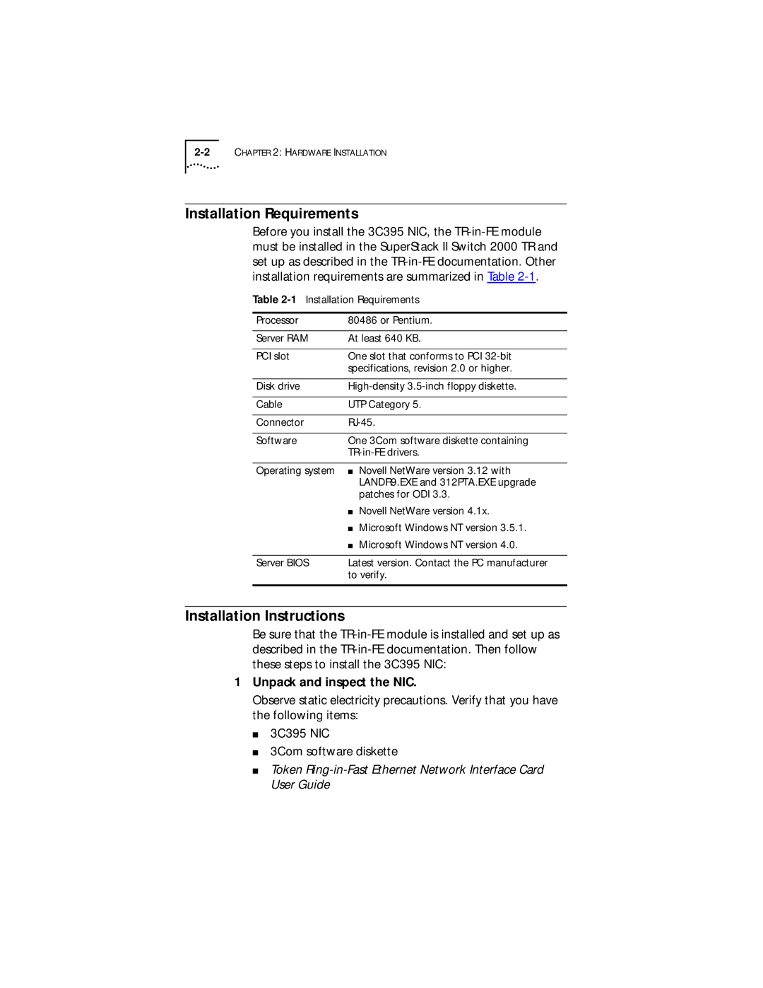 3Com Server manual Installation Requirements, Installation Instructions, Unpack and inspect the NIC 