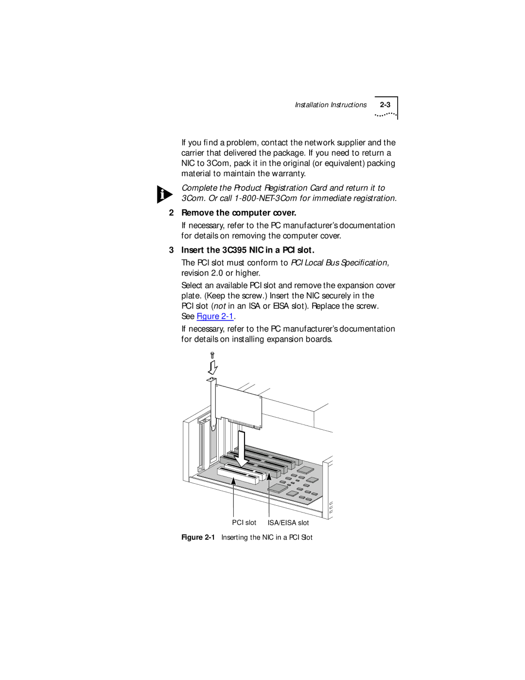 3Com Server manual Remove the computer cover, Insert the 3C395 NIC in a PCI slot 
